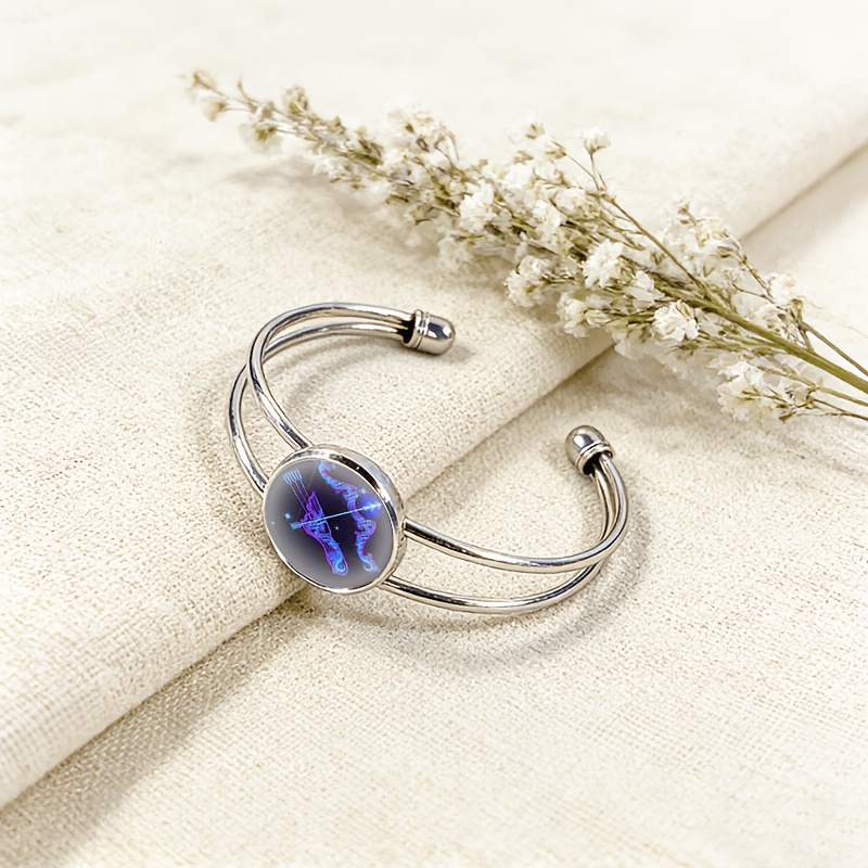Adjustable Open Bangle with Sagittarius Symbol Gemstone Inlay
